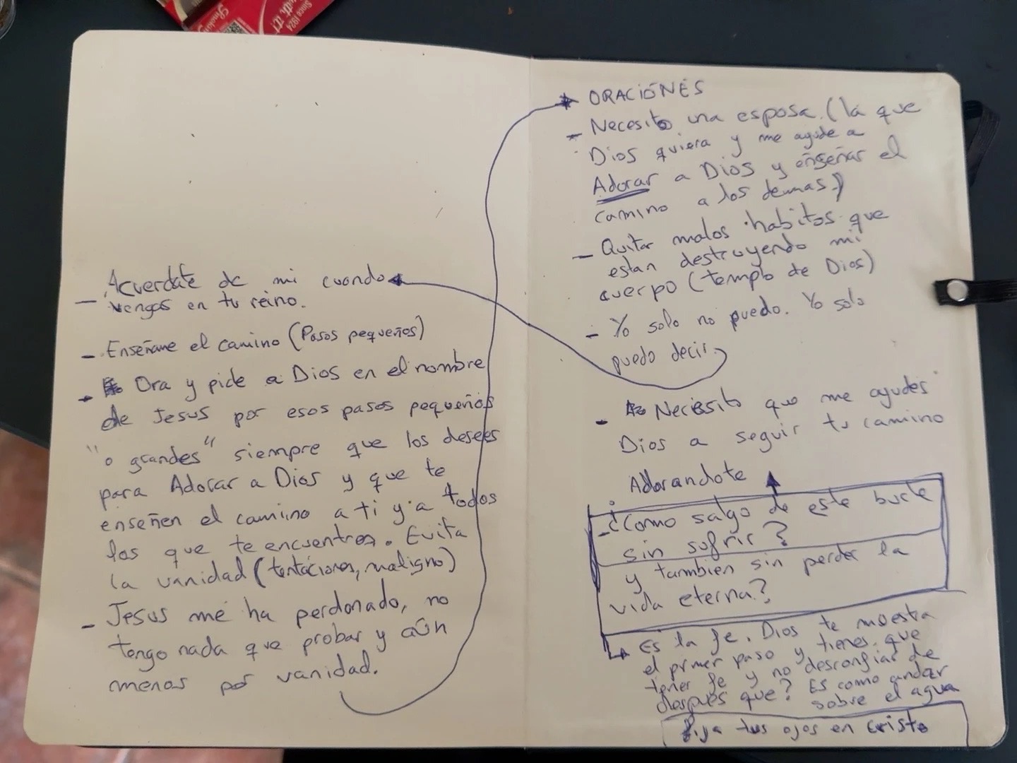 Ein aufgeschlagenes Notizbuch auf dem Tisch.